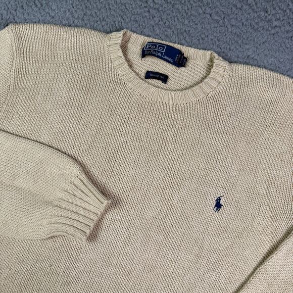 Vintage Polo Ralph Lauren Sweater Mens M Tan Crew Neck Rib Knit Cotton 90s Boxy - Picture 1 of 9